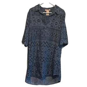 Blue Aztec Print Chambray Asymmetrical Dress Sz.M Roll Tab Sleeves Workwear